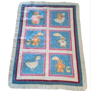 Vintage  Teddy Bear Goose Quilt Nursery Crib Toddler Bed Boy or Girl Blanket
